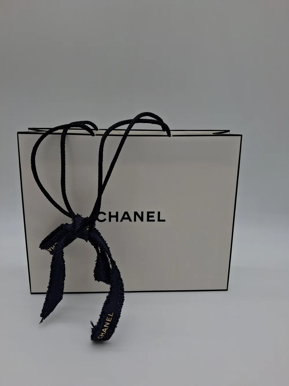 CHANEL White Black Shopping Gift Bag Rope Handles Logo Ribbon Luxury Packaging
